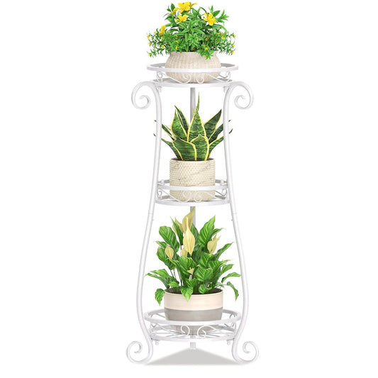 KMOTASUO 3 Tier Metal Plant Stand for Multiple Large Planters Indoor Outdoor Organizer, Heavy Duty Tall Flower Rack for Corner Patio Bathroom Office Corner, Modern Sturdy Vertical Iron Rack, White