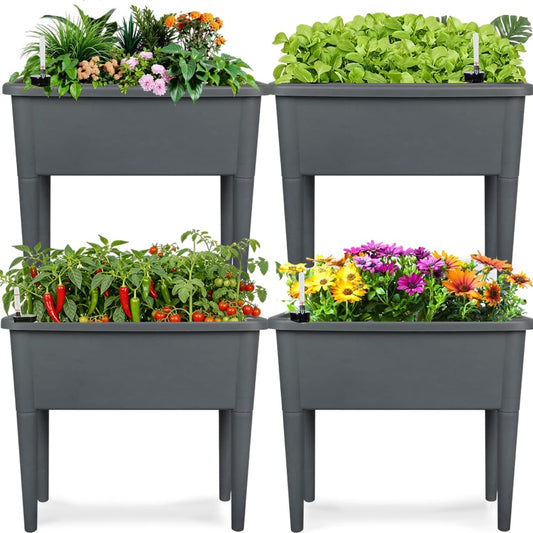 Megawodar 4 Pcs Self Watering Elevated Raised Garden Bed, Large Outdoor Plastic Planter Box Big Flower Plant Pot for Planting Flowers Vegetables and Herbs (4, Dark Grey)