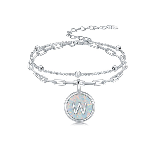 LWQQWL Initial W Bracelet for Women 925 Sterling Silver Layered Initial Bracelet Opal Letter 26 Alphabet Jewelry Christmas Gifts