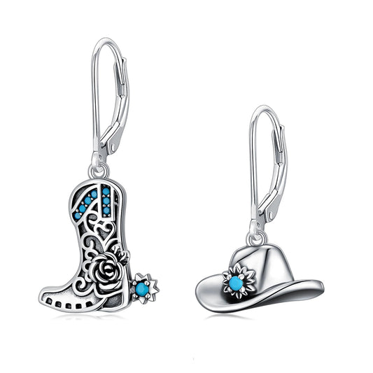 KoyeKei Cowboy Boot Earrings for Women 925 Sterling Silver Cowgirl Hat Texas Boot Dangle Drop Leverback Earrings Western Turquoise Jewelry Country Boho Gifts for Daughter Wife Girlfriend