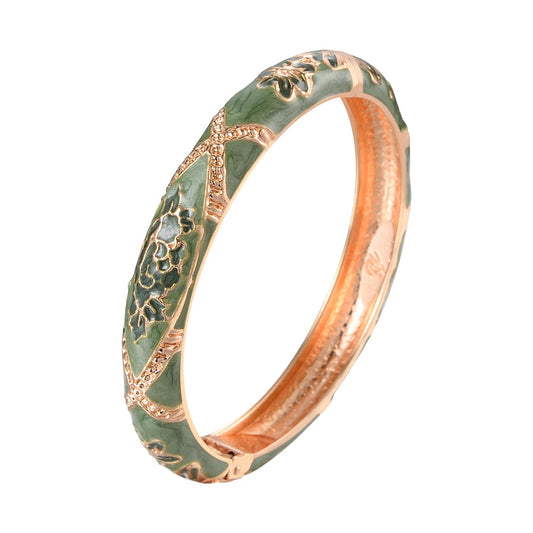 UJOY Flowers Bracelet Multi-Colors Cloisonne Wedding Jewelry Gift Women Enameled Bangles Opening Hinged 55A128 Green