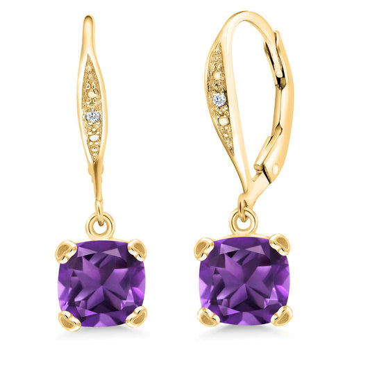 Gem Stone King Drop Dangle Earrings For Women | 7MM Cushion Cut Gemstone Birthstone and Diamond | 925 Sterling Silver | Jewelry Gift for Mom Wife Her | Amethyst-February | Yellow Gold