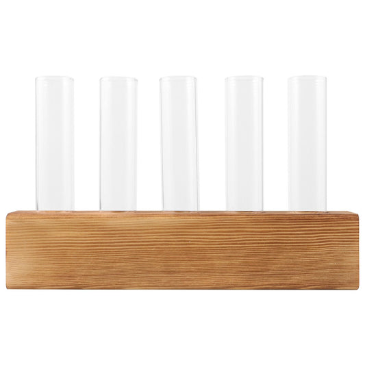 GRIRIW Glass Hydroponic Planter with 5-Hole Wooden Stand, Indoor Plant Terrarium Vase for Water Propagation, Test Tube Bud Vase for Home and Office Décor