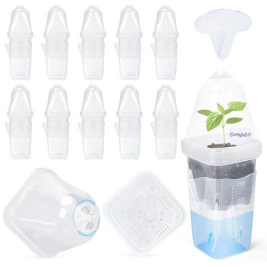 LEMEWEL 12 Pack 2.5" Self Watering Propagation Pots with Humidity Dome, Clear Plastic Seed Starter Cups, for Seedlings, Cuttings, Succulents, Herbs, Vegetables, 12 Plant Labels Included