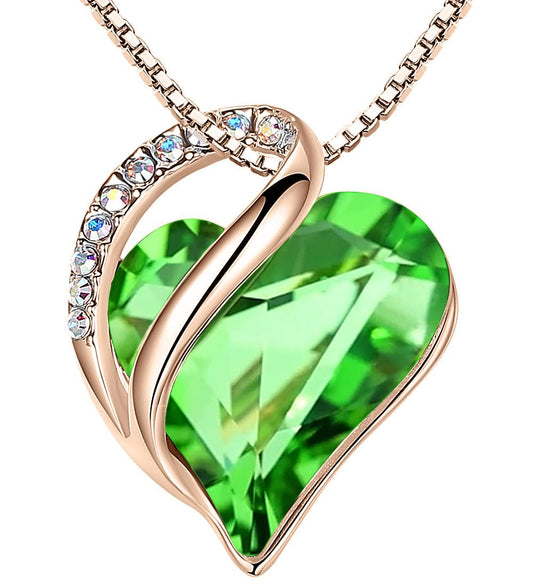 Leafael Gifts for Women Rose Gold Plated Necklaces: Heart Fern Green Crystal, August Birthstone, Hypoallergenic Chain (18"+2"), Birthday Jewelry for Mom, Wife, and Girlfriend