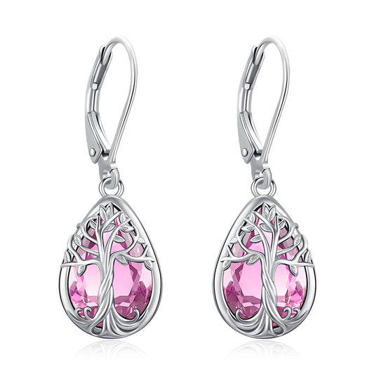 Eusense Teardrop Dangle Earrings Sterling Silver Tree of Life Birthstone Jewelry Tourmaline Pink Leverback Tree of Life Earrings Gift for Women