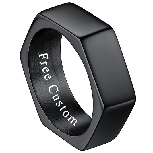 ChainsHouse Personalized Engravable Stainless Steel Black Hexagon Geometric Biker Ring Bands, Size 12