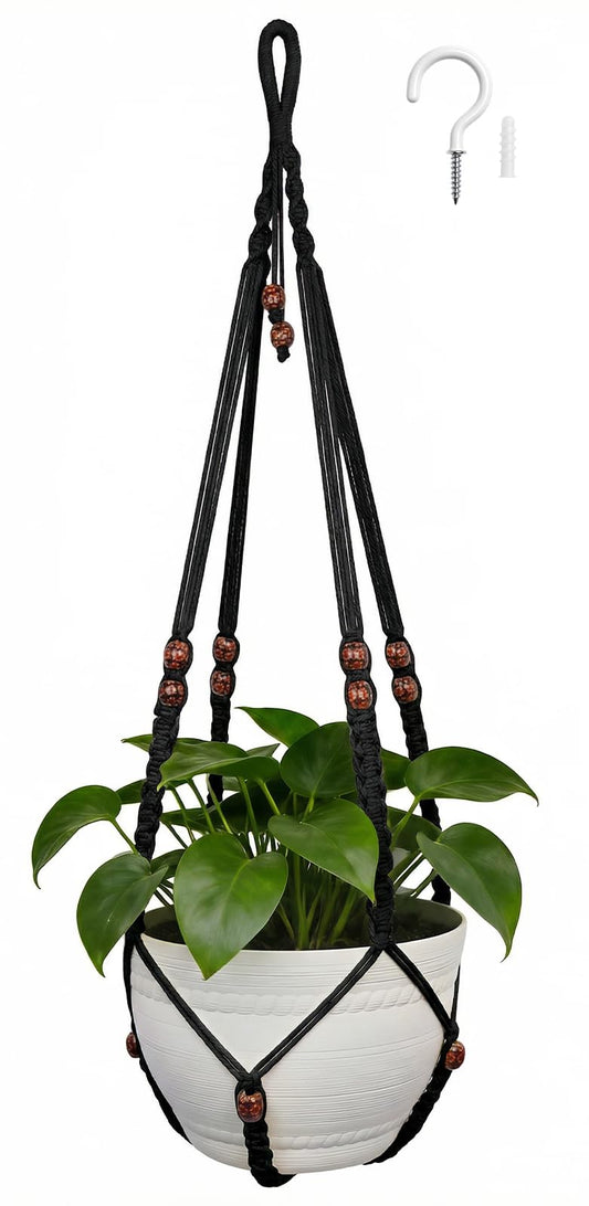 HOREAKHJ 35 Inch Macrame Plant Hanger, Large for up to 15 Inch Pot Extra Long Hanging Planter Holder Basket with Wood Beads for Indoor Outdoor Home Decor (Black, 1-Pack)