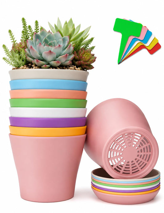 24 Pack 4 Inch Plastic Plant Pots with Saucers, Colorful Seed Starter Nursery Pots with Drainage Holes, Thick Small Planters for Indoor and Outdoor Flowers, Succulents, and Seedlings (8 Colors)