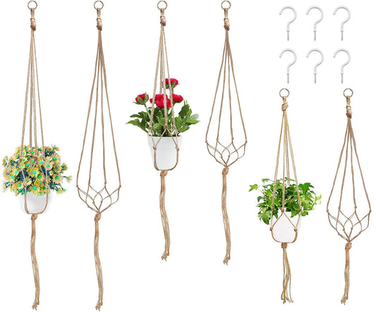 Swpeet 6 Pack 3 Sizes Macrame Hanging Planter Holder Plant Hanger with 6 Pack 2.9 Inch Ceiling Cup Hooks Kit, Hanging Planter Basket Rope Holder for Indoor Outdoor Decorations Beautiful Hanging