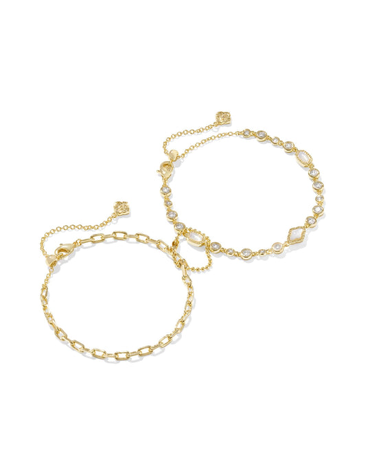 Kendra Scott Mini Elisa Abbie Set Of 2 Delicate Chain Bracelets, Gold-Plated Brass, White Mix, Fashion Jewelry for Women