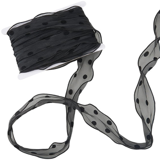 CABODYALS 27.34 Yards 2 Inch Black Polka Dot Ribbon Round Dots Edging Polyester Lightweight Sheer Organza Chiffon Band Ribbons for Gift Wrapping Hair Bows Decor Bouquet Card Making DIY Craft Supply