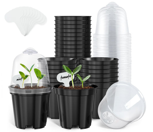 homenote Nursery Pots for Plants,3 Inch Plant Pot for Planting with Humidity Domes Plastic Seedling with Drainage Holes Seed Starter Flower with 10 Labels Black (30 Pack)