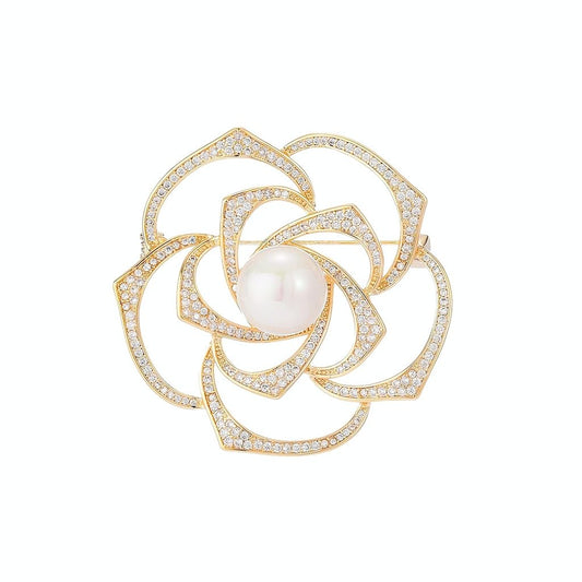 EMEGCY Gold Rose Brooch for Women Rhinestone Rose Flower Brooch Pin 18K Gold Plated Hollow Flower Lapel Pin Floral Jewelry Gift for Mom Wife Birthday