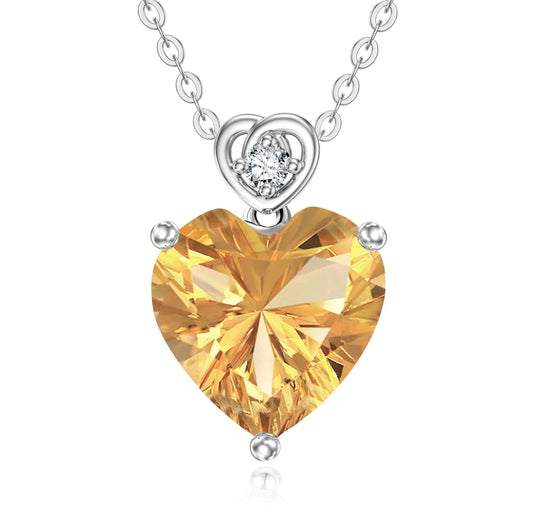 NFYBD 14k White Gold Love Heart Citrine Birthstone Pendant Necklace for Women 3 Carat Heart-cut Created Gemstone Anniversary Birthday Mother's Day Necklaces for Her-nov