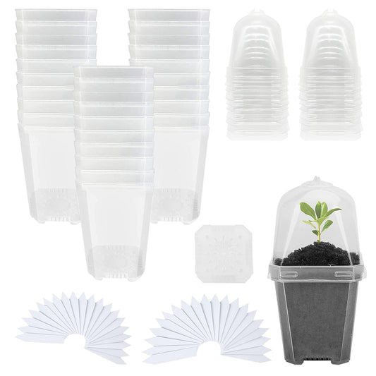 Hyuetrsa 30 Sets Plant Nursery Pots with Humidity Domes, 3" Plastic Gardening Pot with 30 Pcs Labels, Clear Seed Starting Pot Planter Containers with Drain Holes for Seedlings Vegetables Succulents