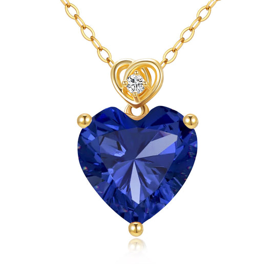 NFYBD 14k Gold Love Heart Blue Sapphire Birthstone Pendant Necklace for Women 3 Carat Heart-cut Created Gemstone Anniversary Birthday Mother's Day Necklaces for Her 16+1+1 inch-Sept