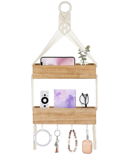 Mkono Macrame Hanging Shelf for Bedside Shelf Organizer with Hooks, Boho Wall Decor Cute Wood Floating Shelves for Girls Bedroom Dorm Nursery, Wall Storage for Phone, Remote, Accessories (Small)