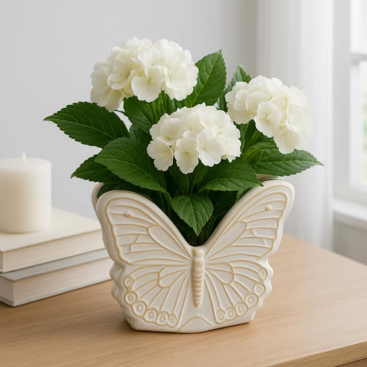 Decorative Ceramic Flower Pots for Home Decor – Indoor and Outdoor Planters with Butterfly Design for Succulents and Garden Plants – Cute Plant Pots for Garden, Patio or Room Decor – 6" Ivory & Tan