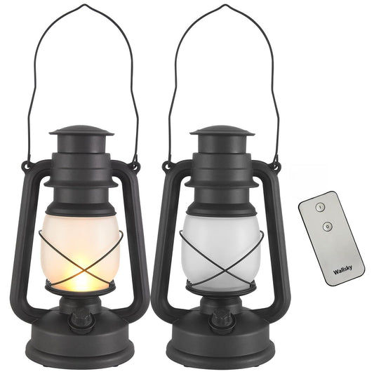 Wallsky 9.5” Lanterns Decorative Indoor, Black Vintage Lanterns Decor with Remote Control, Flameless Flickering LED Battery Operated Lanterns for Patio, Porch, Entryway, 2 Pack