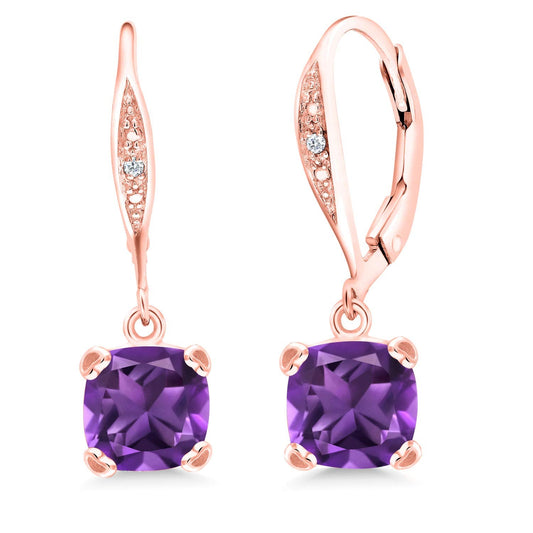 Gem Stone King Drop Dangle Earrings For Women | 7MM Cushion Cut Gemstone Birthstone and Diamond | 925 Sterling Silver | Jewelry Gift for Mom Wife Her | Amethyst-February | Rose Gold