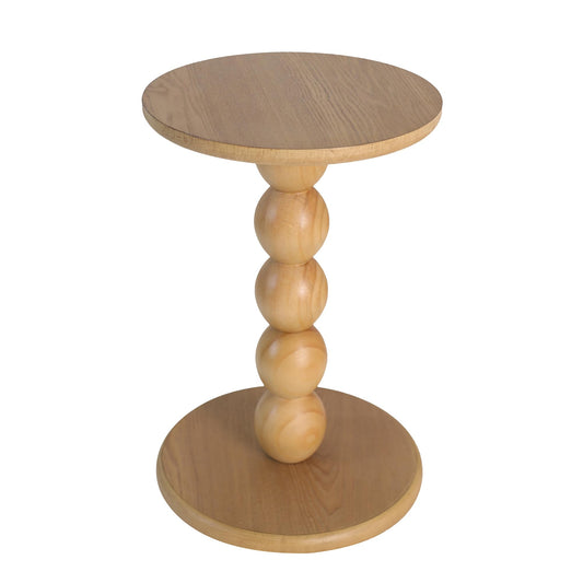 dwellington Small Round Wooden Side Table with Stacked Ball Pedestal Base, 12.4 X17.32 Accent Nightstand for Living Room, Bedroom, Corners (Natural)