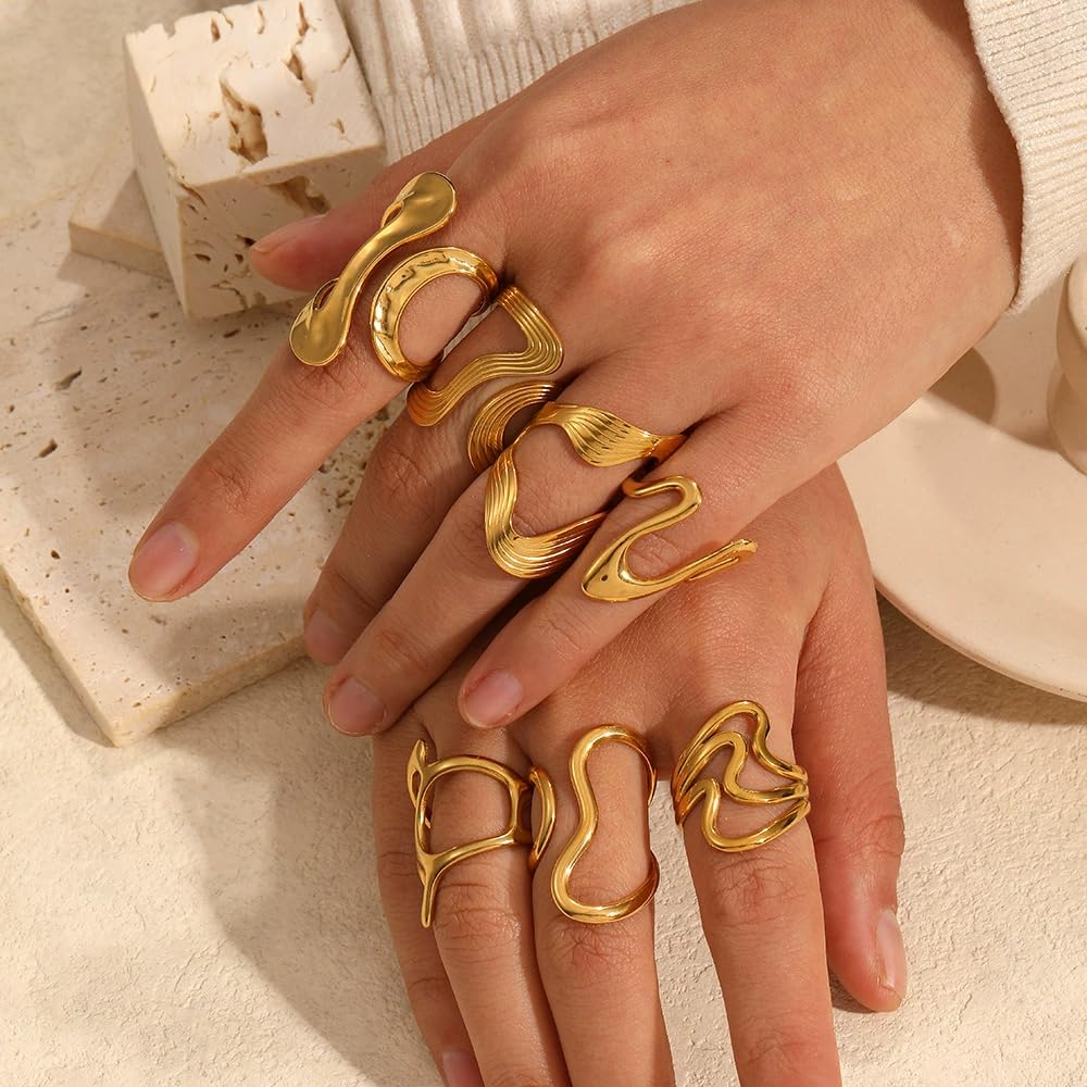 AIETUE Chunky Rings For Women, Gold Silver Thumb Ring Asymmetrical Wavy Curve Ring Adjustable Non Tarnish Dainty Stainless Steel New Year Anniversary Birthday Jewelry Gift (Trendy Gold #1)
