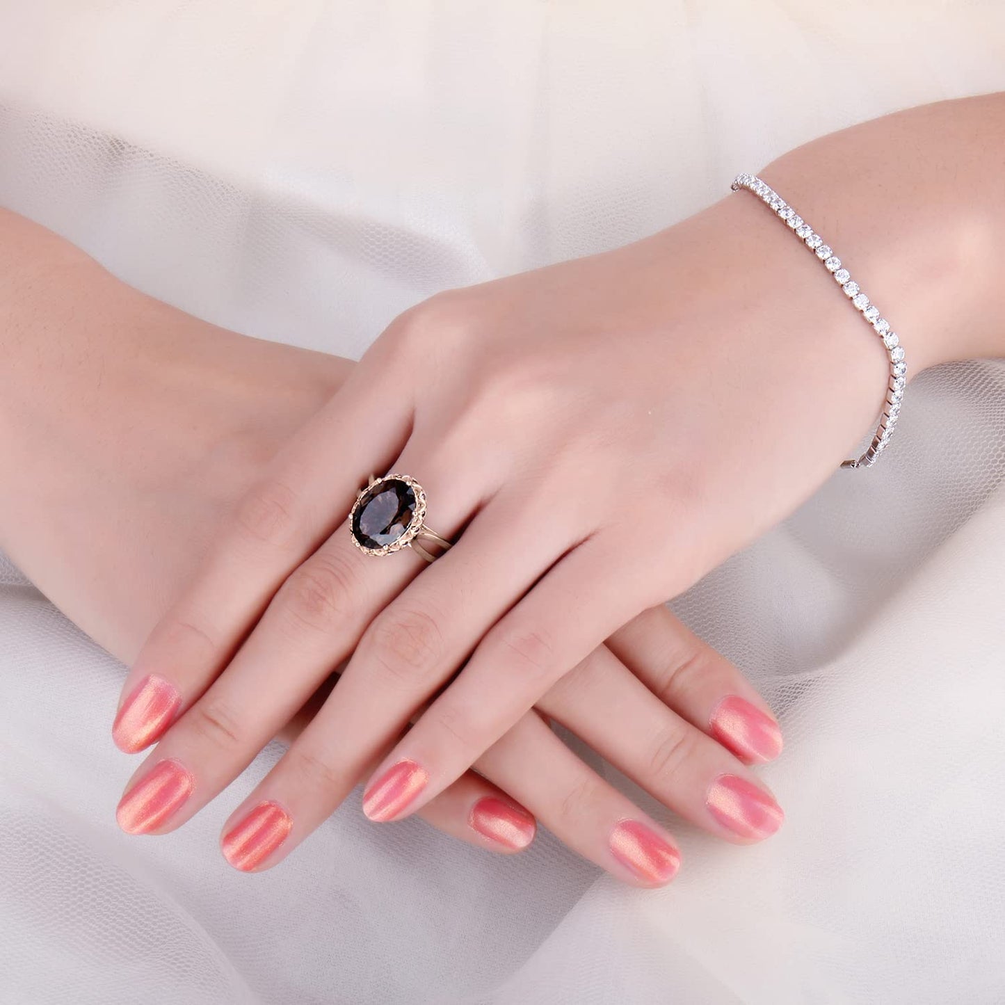 JewelryPalace Huge Oval Shape 5.7ct Genuine Smoky Quartz Cocktail Rings for Her, 14K Rose Gold Plated 925 Sterling Silver Ring for Women, Natural Gemstone Jewelry Sets Rings 6
