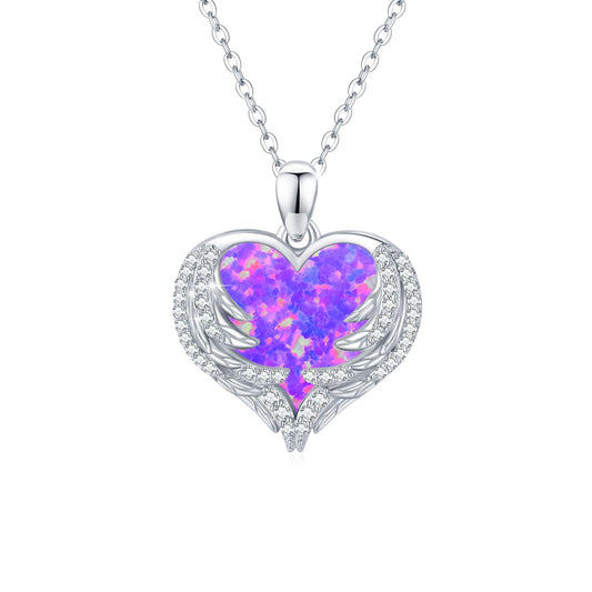 CUOKA MIRACLE Heart Necklace Angel Wing Heart Opal Necklace 925 Sterling Silver Women Necklace Guardian Angel Wings Pendant Necklace Dainty Opal Jewelry Birthday Gifts for Mom Women (Violet Opal Wings)