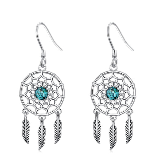KoyeKei Dream Catcher Earrings 925 Sterling Silver Turquoise Dreamcatcher Feather Dangle Drop Earrings Western Boho Jewelry Country Christmas Gifts for Women