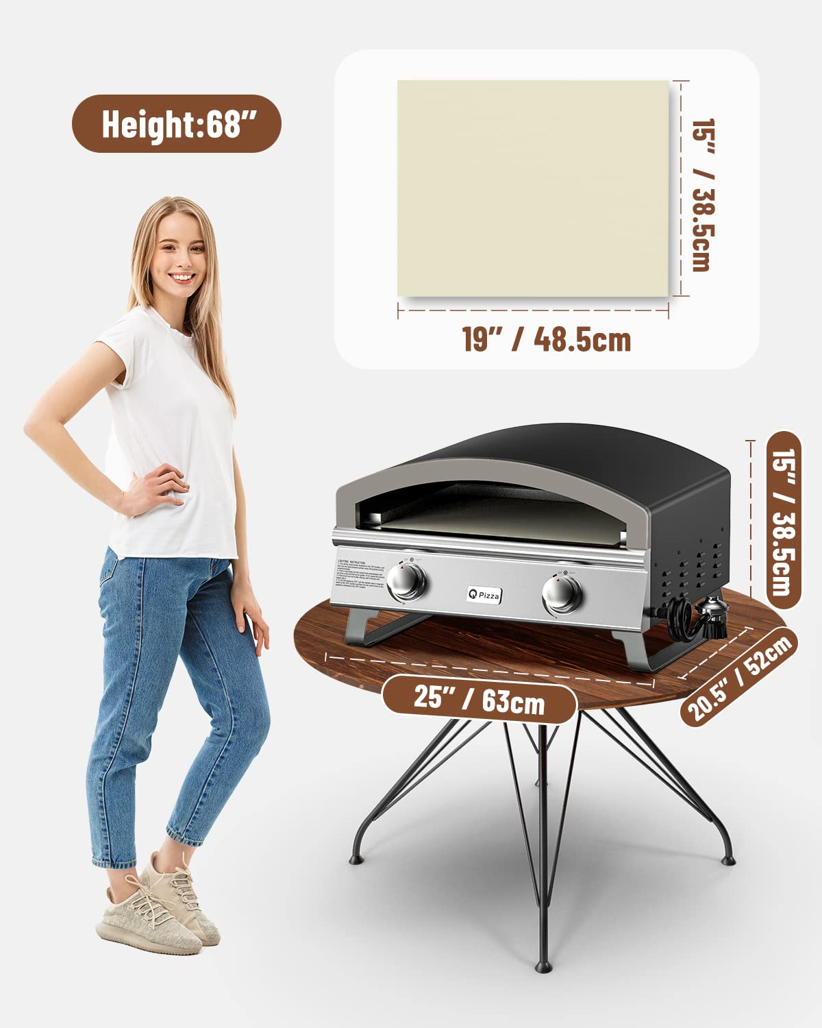 Outdoor 2-Burner Gas Pizza Oven, 25" Large Capacity Pizza Maker, Versatile Grill Stove with 19" Baking Stone for Steak Meat Seafood, OuPropane Grill Oven for Cooking