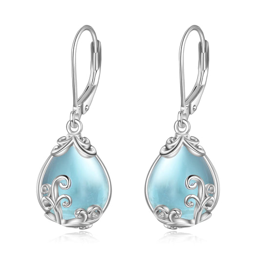 POPLYKE Aquamarine Filigree Teardrop Drop Dangle Earrings Sterling Silver Blue Crystal Leverback Earrings Jewelry for Women