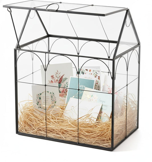 Greeting Card Storage Box for Wedding - Handmade, Arched Lid, Gold Clear Glass Card Holder for Wishing Well - Wedding Party Reception Decoration Storage, Large (Glass Box Only)