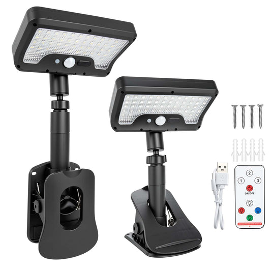 Clip On Solar Lights Outdoor with Motion Sensor, 4-Color 3 Modes Lighting (92 LEDs, 600 LM, 6000 K) IP65 Waterproof, 360° Adjustable Flexible Clamp for Fences Gardens Decks Camping Gutter (2)