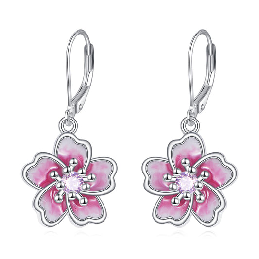 TIGER RIDER Cherry Blossom 925 Sterling Silver Leverback Earrings Flora Jewelry Gift for Women Birthday Christmas