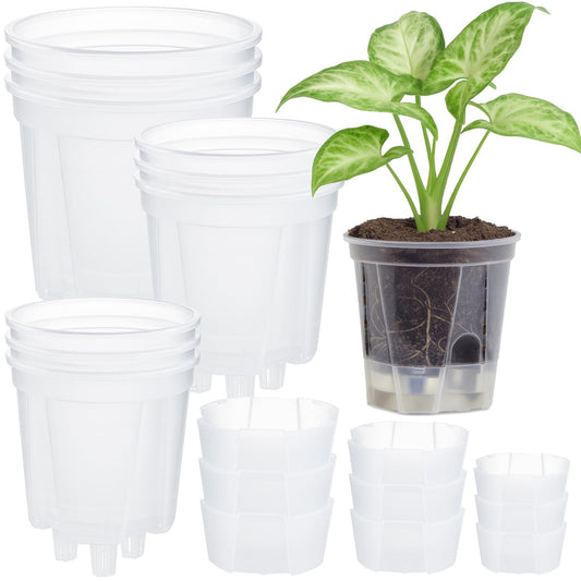 OMISTAR 9 PCS Self-Watering Pot with Reservoir, 3 Sizes Clear Plastic Plant Pots with Air and Drainage Holes, Indoor and Outdoor Flower Planters for Home Office, Healthy Root Growth
