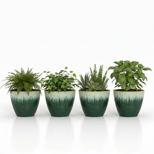 LESOASIS 8 inch Plant Pots with Drainage Holes, Pack of 4 Plastic Flower Pots Indoor, Modern Glossy Finishing Planter for Indoor Outdoor Plants (Green Glaze, 4 Pack)