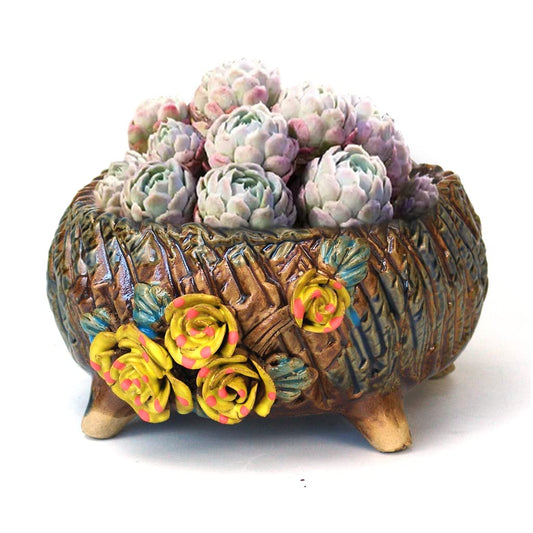 Summer Impressions 6.3 Inch Succulent Pot Handmade Flower Design Round Ceramic Antique Plant Pot Cactus Pot Planter with Drainge and Mesh Pad (Yellow)