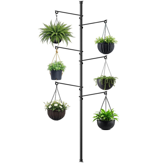 Zononoca Tension Rod Plant Stand, Plant Poles for Hanging Plants Indoor, Metal Floor to Ceiling Hanging Plants Stand, Tension Pole Plant Stand with 6 Hooks (Fit 3.6-10ft)