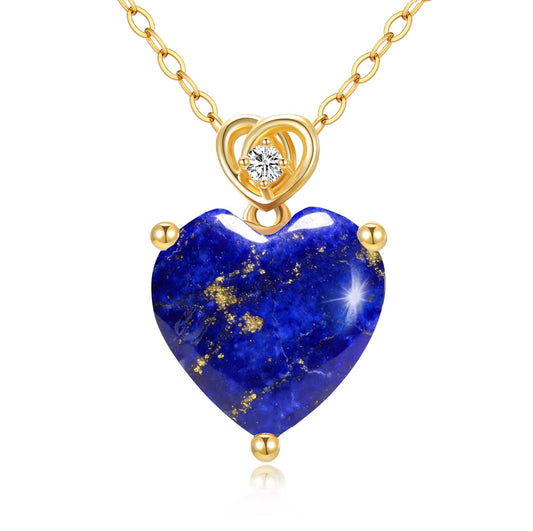 NFYBD 14k Gold Love Heart Lapis lazuli Birthstone Pendant Necklace for Women 3 Carat Heart-cut Created Gemstone Anniversary Birthday Mother's Day Necklaces for Her