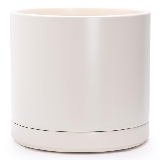 D'vine Dev 14 Inch Ceramic Planter Pot with Drainage Hole and Saucer, Indoor Cylinder Round Planter Pot, Oatmeal, 94-O-G-8