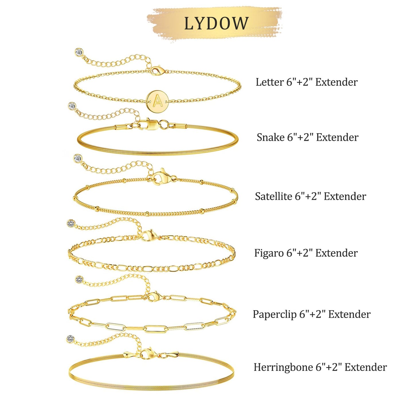Lydow Bracelets for Women, Stack Jewelry Set Initial V Chain Stackable Letter Teen Accessories Pulseras Para Mujer 6 Inch 6PCS