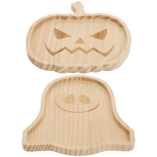 Garneck Halloween Wood Charcuterie Board, 2pcs Pumpkin and Ghost Food Plate Halloween Wood Serving Tray Cheese Platter Tray Appetizer Boards for Holiday Home Party Table Centerpiece Decoration, 7" W