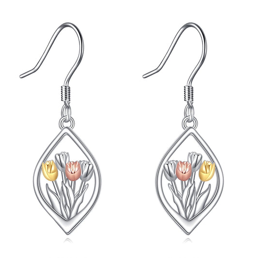 TIGER RIDER Tulip Earrings 925 Sterling Silver Flower Hook Drop Dangle Jewelry for Women