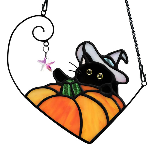 BOXCASA Black Cat Decor Stained Glass Window Hangings Pumpkin Ornament,Halloween Decor Witch Hat Cat Suncatcher for Window,Colorful Crystal Star Halloween Cats Themed Gift for Cats Lover