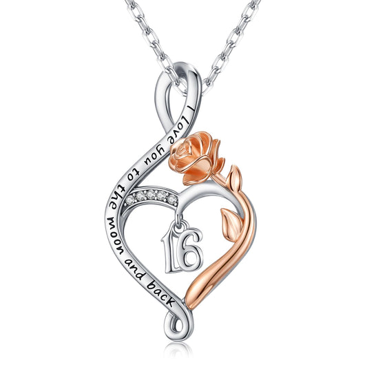 KoyeKei 16th Birthday Gifts for Women Sweet 16 Year Old Necklace 925 Sterling Silver Rose Flower Heart Infinity Pendant Jewelry Christmas Birthday Gift for Sixteen Year Old Daughter Granddaughter