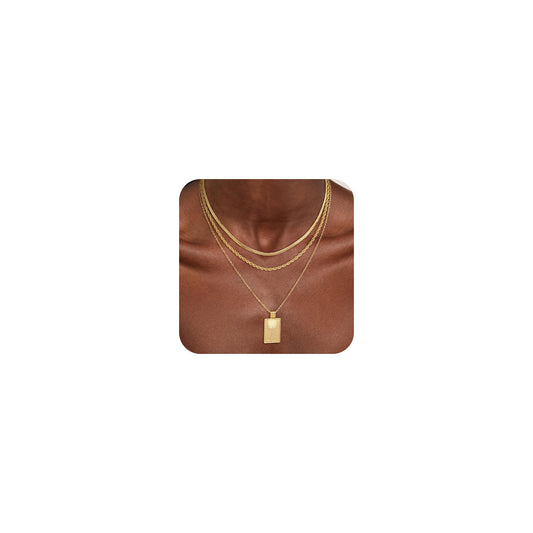 CHESKY Layered Gold Necklaces for Women Trendy, Dainty 14K Gold Plated Square Pendant Necklace Stackble Stacking Necklace Gold Jewelry Set for Women Gifts