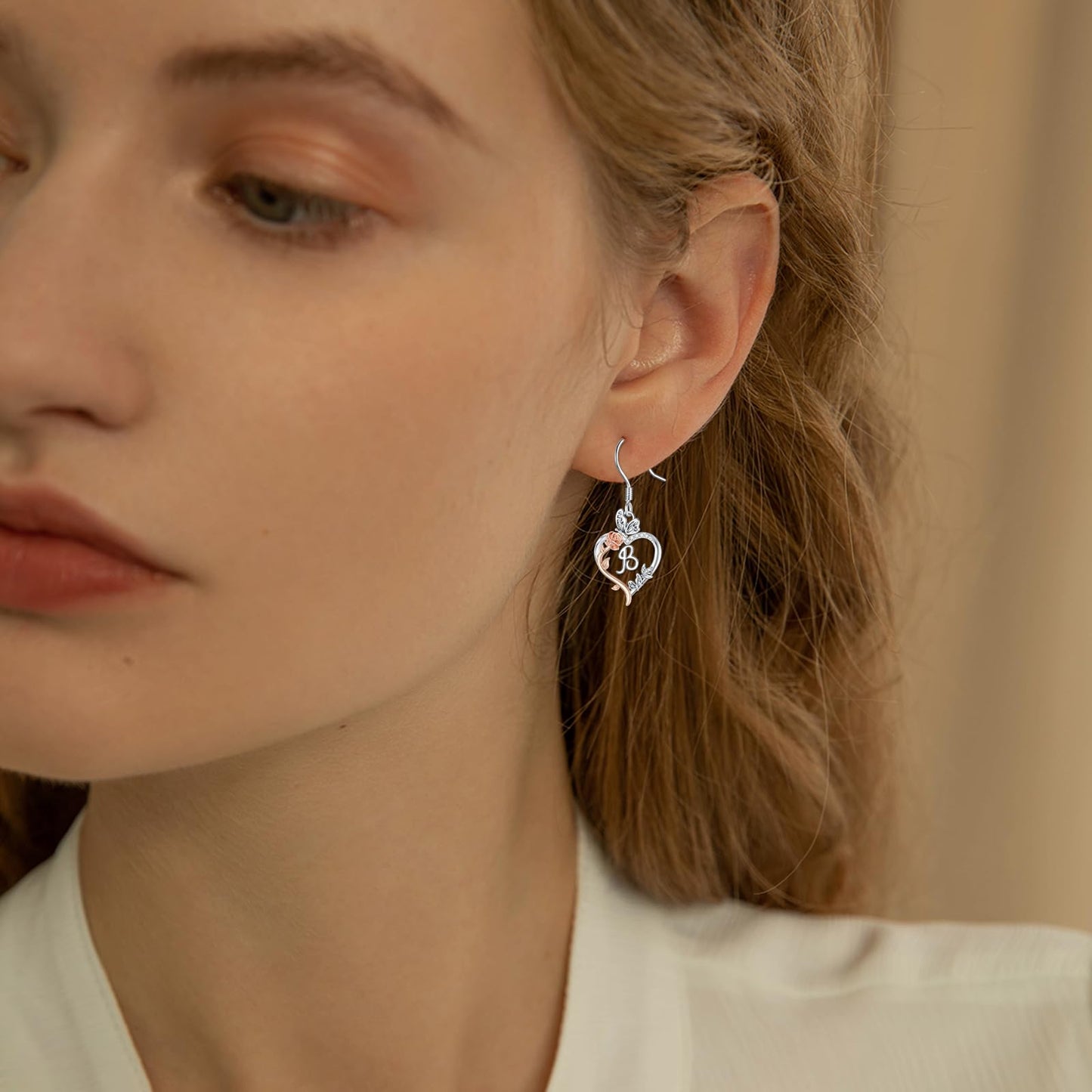 TOUPOP Rose Heart Initial Earrings Sterling Silver Butterfly Earring Initial B Letter Drop Dangle Earrings Jewelry Anniversary Birthday Mothers Day Gifts for Women Mom Wife Girlfriend Her