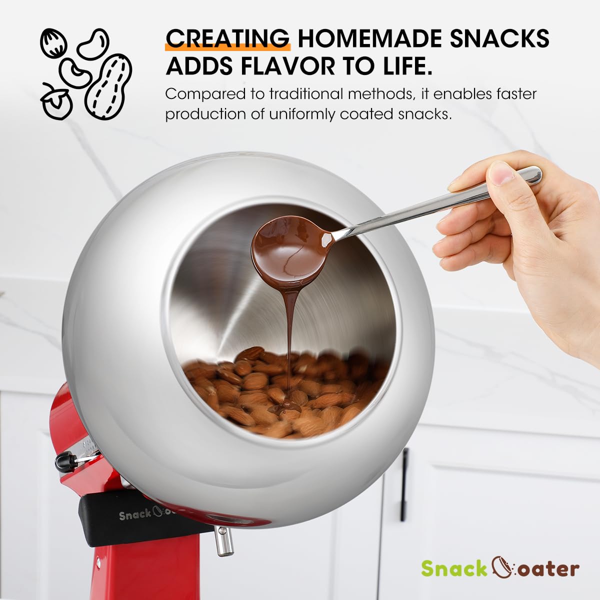 Aieve Snack Coater Compatible with KitchenAid Tilt-Head Stand Mixer for Making Chocolate Covered Almonds, Pistachio, Peanut, Freeze Dried Strawberry, Raisin, Macadamia Nuts and Blueberry