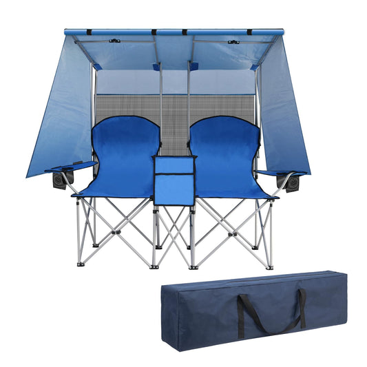 ptlsy Double Camping Chair with Canopy, Folding Two-Person Seat, Portable Outdoor Loveseat with Shade, Folding Chairs for Beach, Lawn, and Outdoor Activities (Blue)